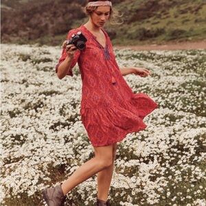 Odd Molly | Pink Floral Embroidered Boho Midi Dress with Tassel Tie, Size XL